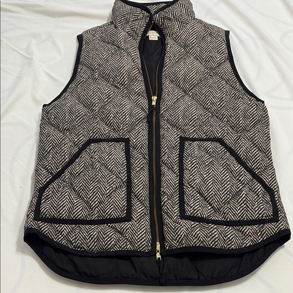 J. Crew Herringbone Puffer Vest with Black Trim